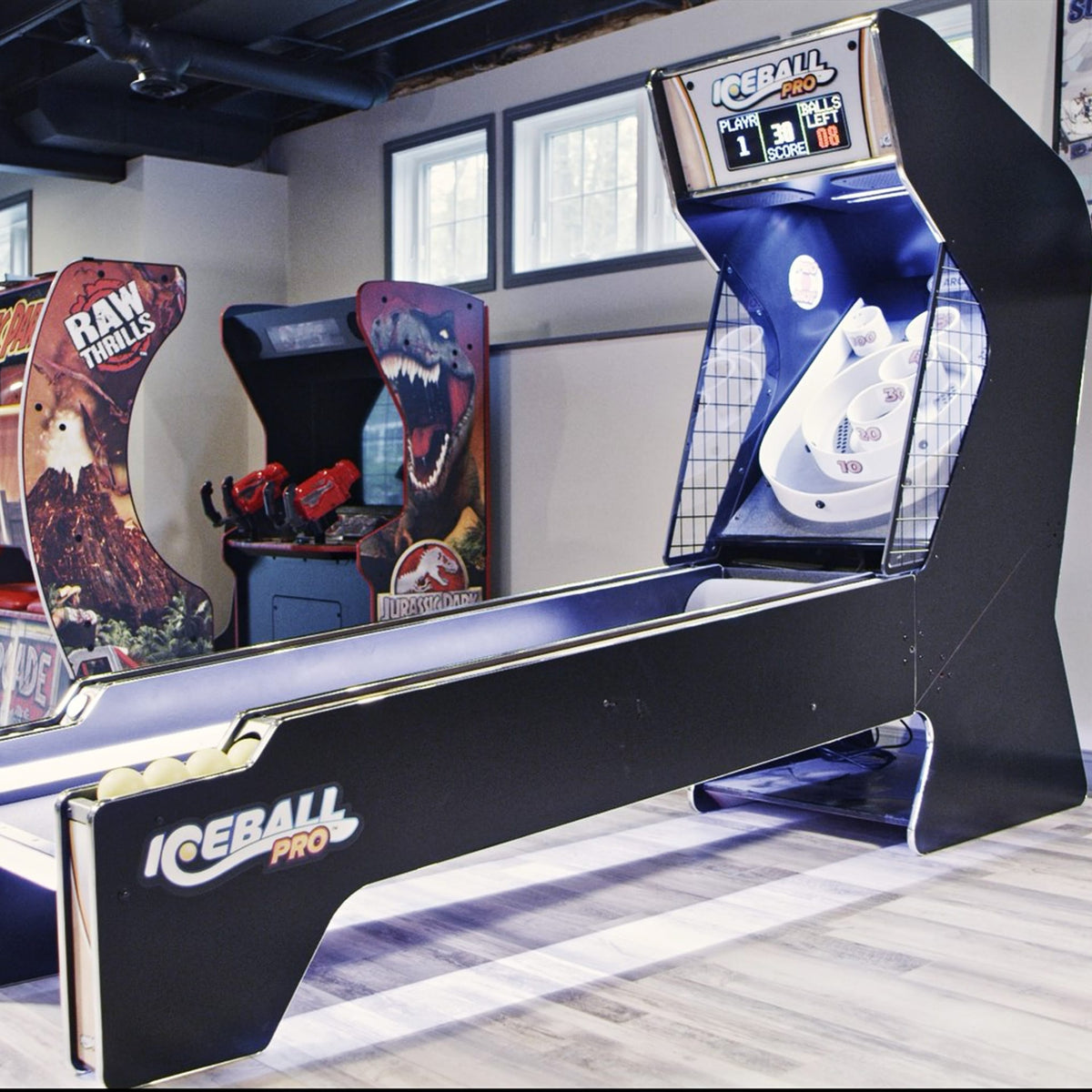 Ready to Ship | ICE Ball Pro Alley Roller with Blue Cabinet Gray Playfield Wood Graphics and Yellow Balls Arcade Innovative Concepts in Entertainment