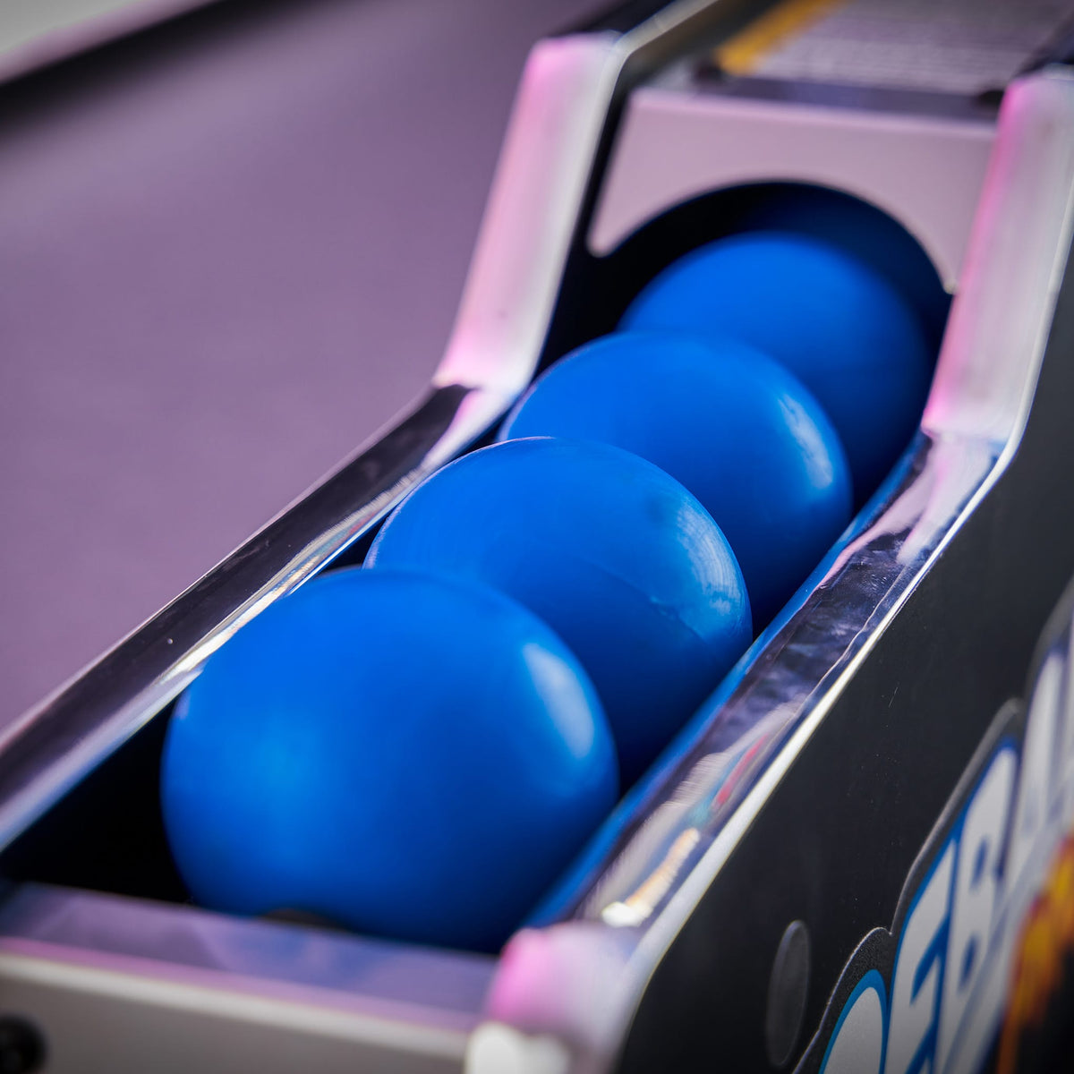 Ready to Ship | ICE Ball Pro Alley Roller with Blue Cabinet Gray Playfield Wood Graphics and Yellow Balls Arcade Innovative Concepts in Entertainment