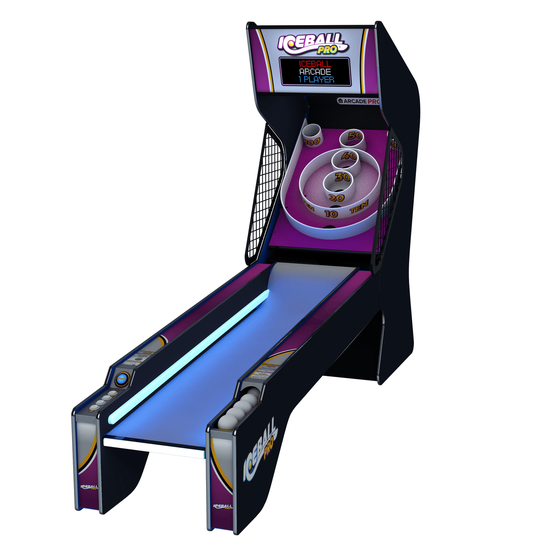 In Stock | ICE Ball Pro Alley Roller with Black Cabinet Pink Playfield Pink Graphics Arcade Innovative Concepts in Entertainment