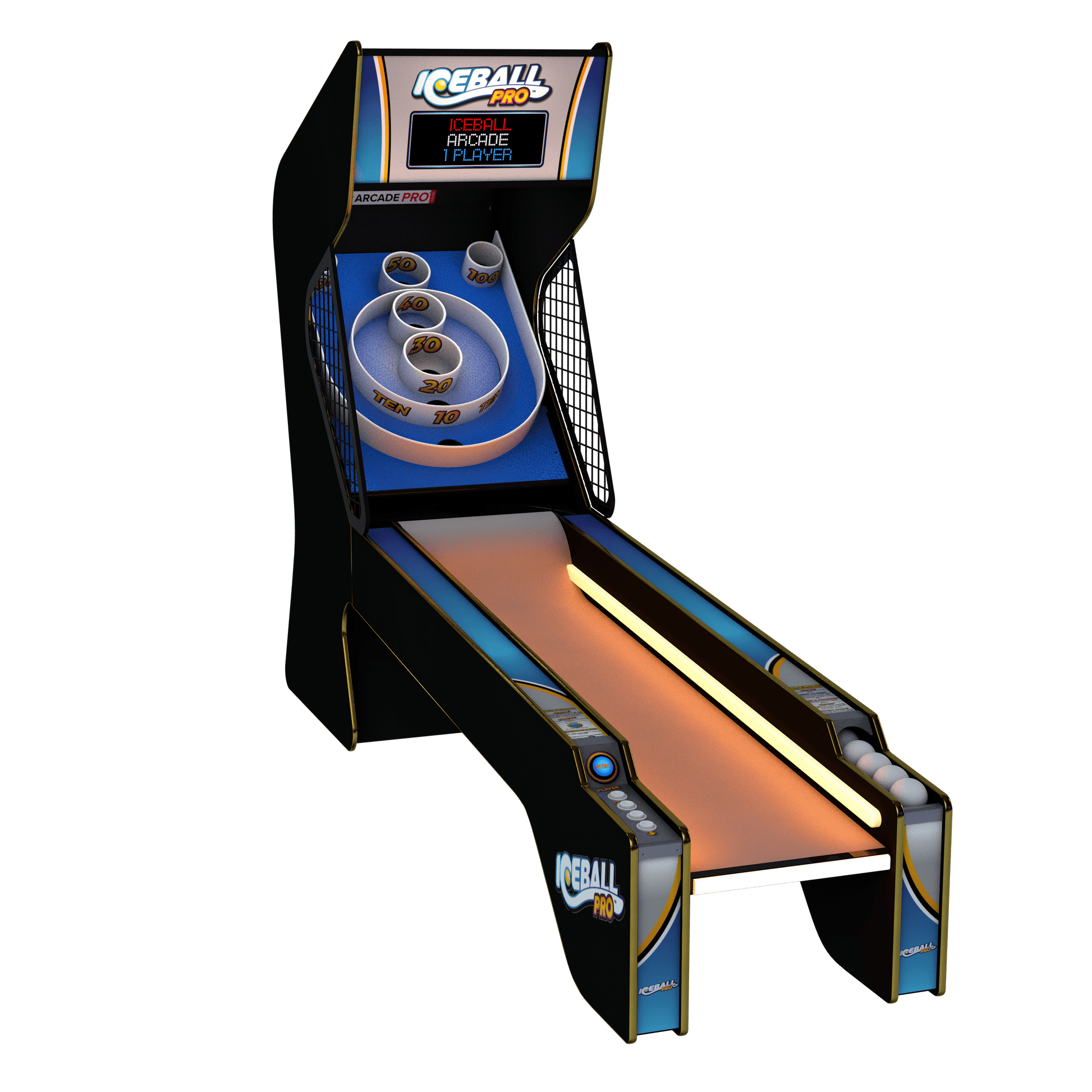 In Stock | ICE Ball Pro Alley Roller with Black Cabinet Blue Playfield Blue Graphics Arcade Innovative Concepts in Entertainment