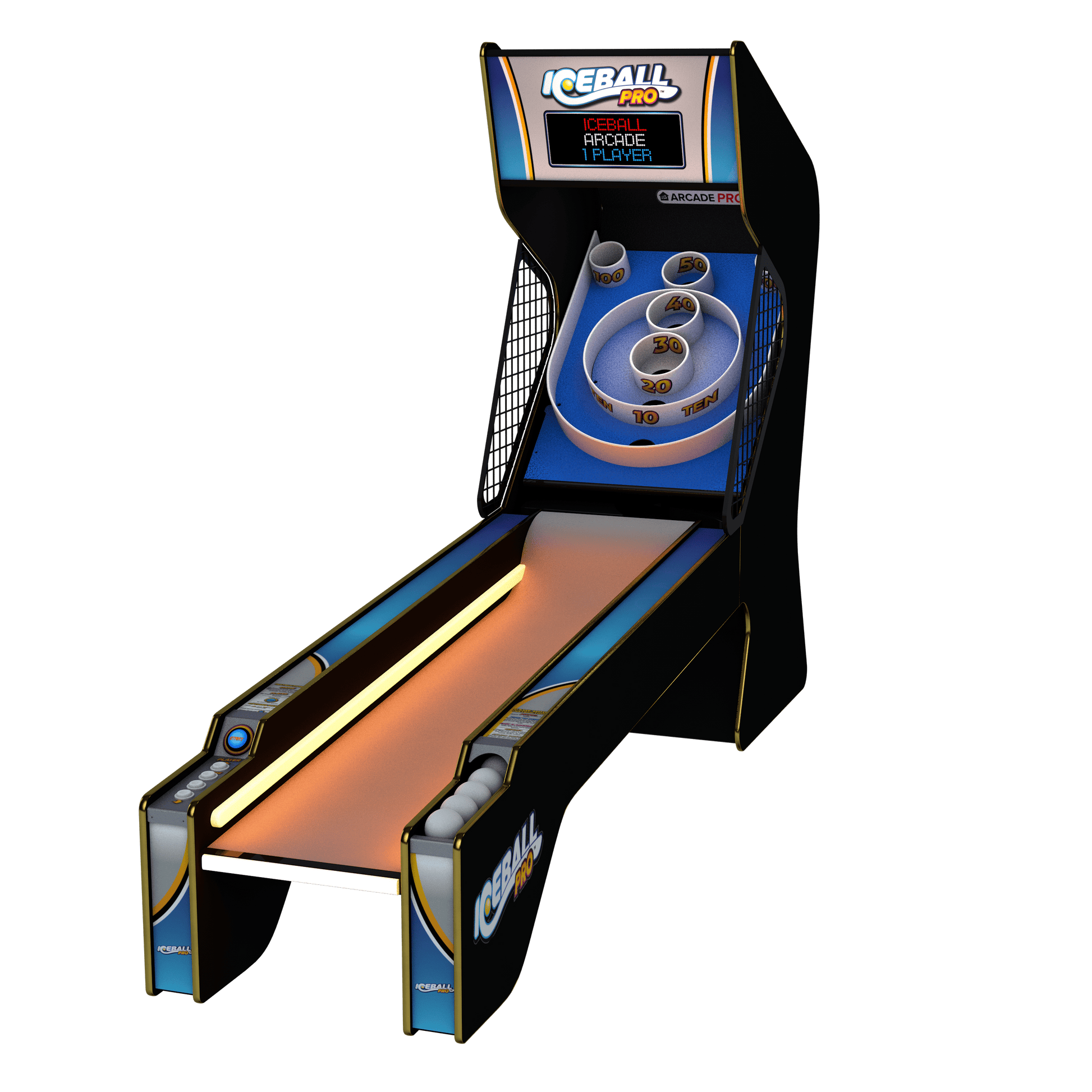 In Stock | ICE Ball Pro Alley Roller with Black Cabinet Blue Playfield Blue Graphics Arcade Innovative Concepts in Entertainment