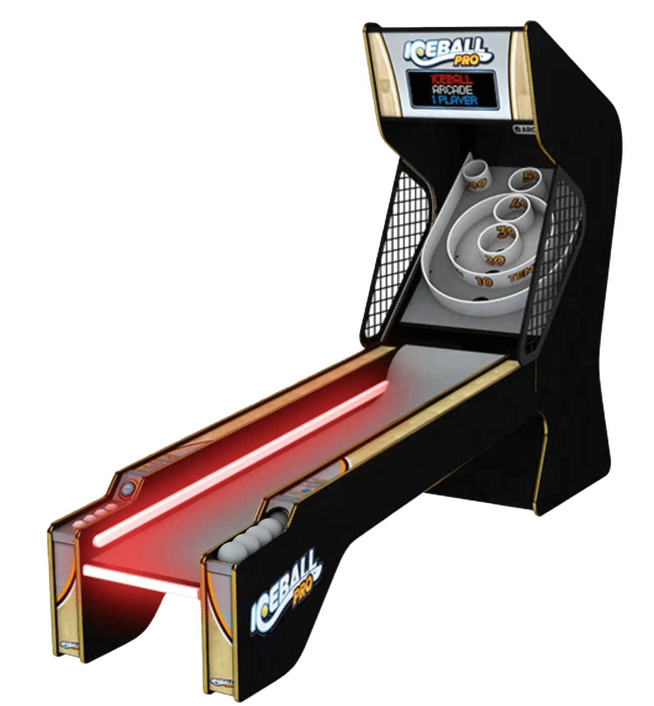 In Stock | ICE Ball Pro Alley Roller with Black Cabinet Gray Playfield Black/wood Graphics Arcade Innovative Concepts in Entertainment